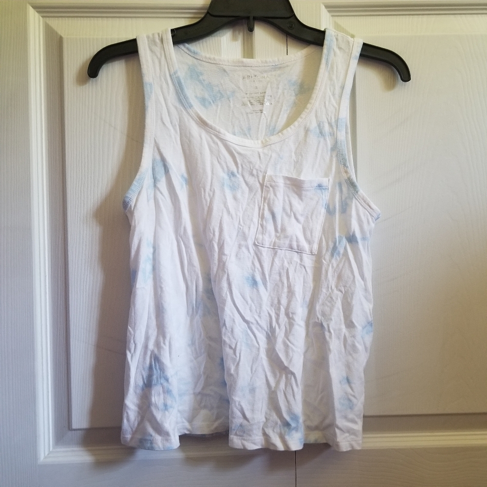 Arizona Women's Tank Top Small White Blue Tie-Dye Chest Pocket Comfort